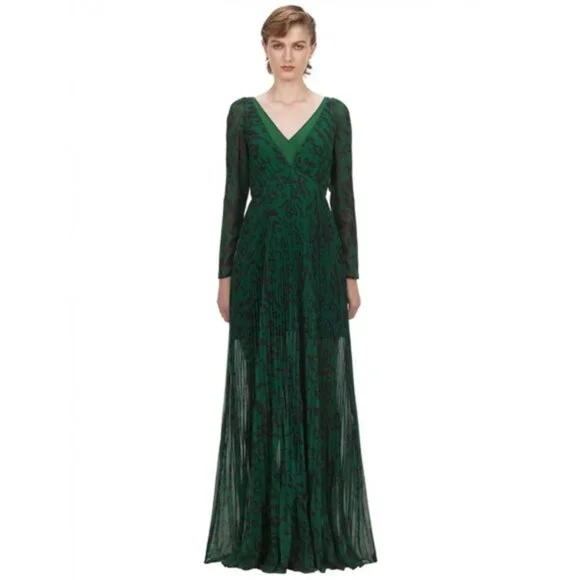 Self-Portrait NWT Green Leopard Chiffon Maxi Dress Long Sleeve Pleated Gown  4